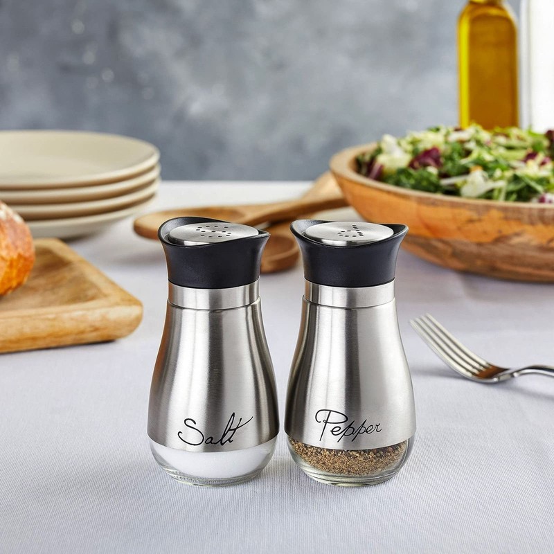 Stainless Steel Salt and Pepper Shaker Set with Glass Bottom,