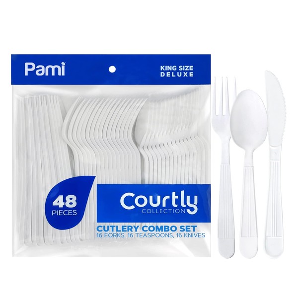 PAMI Heavy-Weight Disposable Plastic Cutlery Set With 16 Forks, 16 Teaspoons & 16 Knives - Bulk [48-Pieces] King-Size White Plastic Silverware For Parties & Weddings- Heavy-Duty Single-Use Utensils