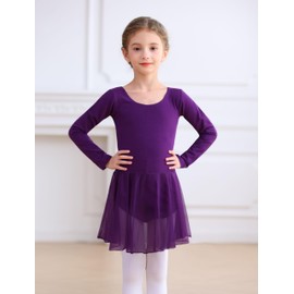 MdnMd Girls' Long Sleeve Dance Ballet Leotard with Skir Dresses Ballerina Outfit (Age 10-12, Dark Purple)