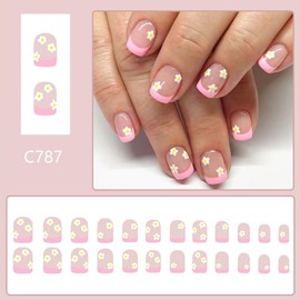 Tyuimhx Pink French Tip Press on Nails Short Square Fake Nails White Flowers False Nails Glossy Full Cover Stick on Nails Acrylic Spring Summer Floral Artificial Nails for Women Glue on Nails 24 Pcs