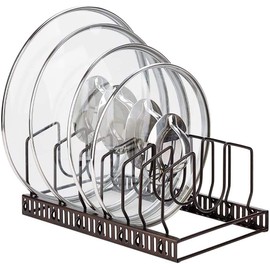 Toplife Pot Lids Organizer Rack for Cabinet and Countertop, 7+ Pan Lids and Bakeware Organizer Rack Holder with 7 Adjustable Compartments - Brown