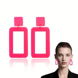Hot Pink 80s 90sNeon Earrings for Women Drop Dangle Square Earring Vintage Geometric Minimalist Acrylic Earrings for Women Dangling Retro Rectangle Earring 70's Simple Costume Accessory