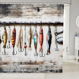 Feelyou Kids Fish Hook Bath Curtain Bass Fish Shower Curtain Rustic Lake Fishing Bathroom Accessories Boys Girls Farmhouse Teens Bedroom Decor 72"x78"