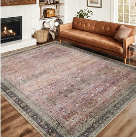 RELEANY Area Rug 8x10 Washable Rugs Vintage Farmhouse Neutral Rug for Living Room Bedroom Dining Room Entryway, Low Pile Non-Shedding Easy Clean Area Rug, Pink Brown