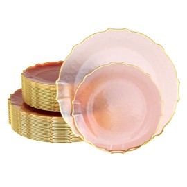 Exquisite Disposable Plastic Plates for Party 40 Piece Fancy Plastic Plates Disposable Plates 20 X 7.5 Dessert Plates disposable & 20 X 10 Thin Delicate Plastic Disposable Plates Pink Rose Gold Rim