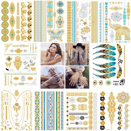 FEIFEI'S BOW 10 Sheets Women Men Gold Fashion Metallic Temporary Tattoos Waterproof Stickers Festival Fake Jewelry Tattoos Body Art (Set02)