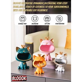 BLOOOK Lachende Katze Figuren Statue,[Kleine Größe] Großer Mund Katze Aufbewahrungsbox,Maneki Neko Fortune Cat Skulptur,Glückliche Katzen Lagerung Box,Kätzchen Schlüssel Schale,Schmuck Tablett