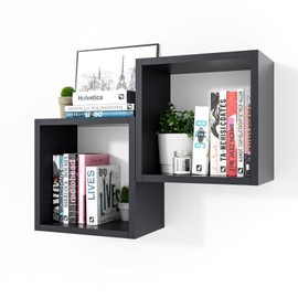 Kaboon Square Cube Shelves Set2, Black Display Shelves Wall Mount 7.75" D x 12.5" W x 12.5" H, (Black, 2 Cubes)
