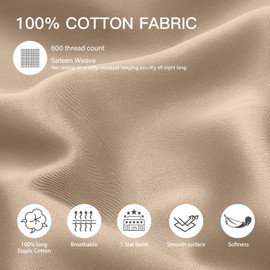 100% Cotton Standard Pillowcases Set of 2, Deep Dream 600 Thread Count Pillow Cases, 20x26 Inches, Super Soft and Breathable Envelope Closure (Khaki)