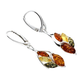 Warped Teardrop Mixed Baltic Amber Lever Back Fancy Dangly/Dangle Drop Silver Earrings for Women/Ladies/Girls - 925 Sterling Silver - Amber Jewellery for Women. 070238