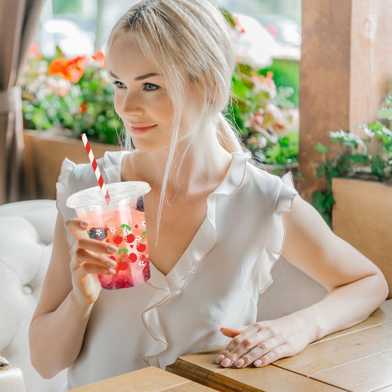 JarThenaAMCS 50Pcs Cherry Plastic Cups with Lids and Straws Red