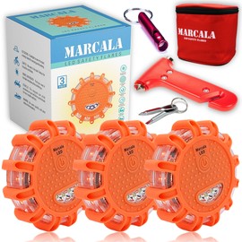 Marcala LED Road Flares Emergency Lights | 3-Pack Roadside Safety Disc Kit w/a Whistle | DOT Compliant Emergency Flares for Car w/Batteries Installed & 4 Items | Feel Safer on The Road!