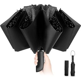 Compact Umbrella Windproof Strong - Automatic Windproof Inverted Umbrellas for Men and Women, 210T Teflon Coating 105cm Span, 10 Large Rids Umbrella Black