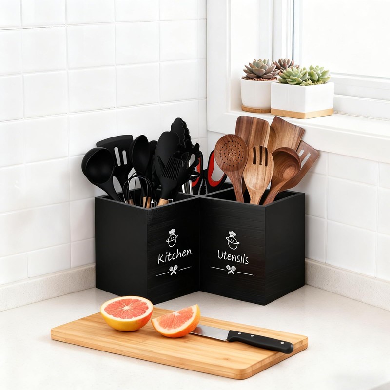 Wooden Kitchen Utensils Holder with 3 Compartments, Large Wooden Large