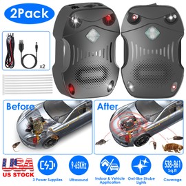 iMounTEK 2 Pack Under Hood Ultrasonic Rodent Repeller Car Mouse Blocker; Squirrel Blocker Rodent Control Deterrent Chaser Blocker for Vehicle Indoor with Strobe Light 3 Power Supplies