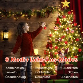 SALCAR 1.5 m Christmas Tree Fairy Lights with Ring, 8 Strings, with Christmas Tree Topper Star, 210 LEDs, Indoor Lighting with 8 Modes, Warm White