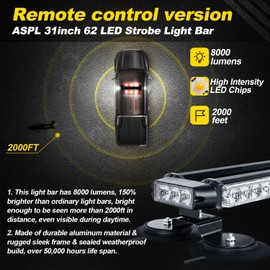 ASPL 31" 62 LED Strobe Light Bar with Remote Control Double Side Flashing Emergency Warning Flash Strobe Light with 28 Strong Magnets for Safety Construction Vehicles Tow Trucks Pickup (Red/White)
