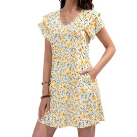 girgod Summer Floral Dresses for Women 2025 Casual A-Line Sundress with Pockets Beach Floral Short Sleeve Mini Dress Flowy Sundresses Yellow M