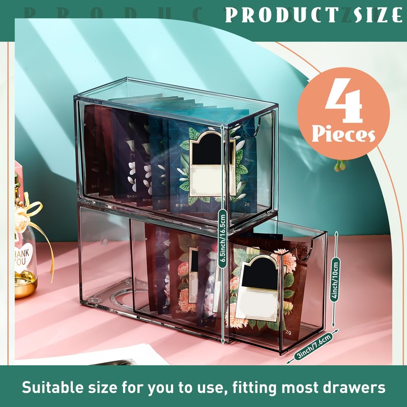 Wonderjune 4 Pcs Clear Tea Bag Drawers Organizer, 6.5" x
