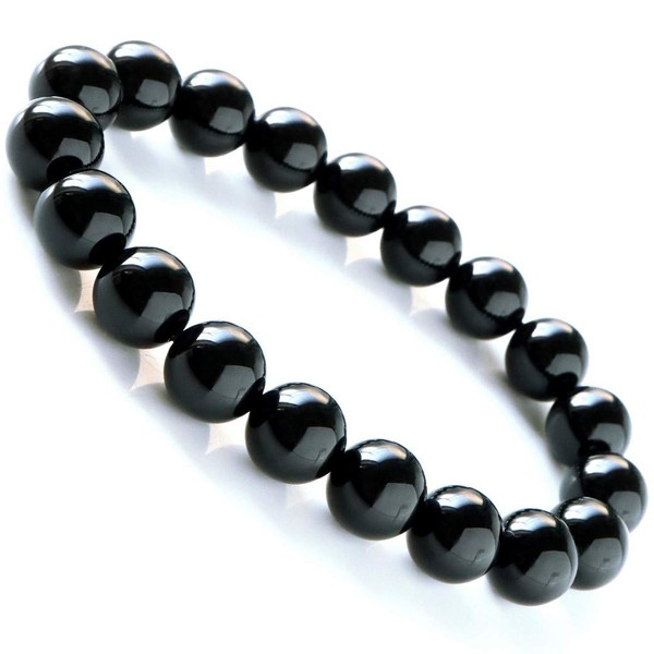 Mens Womens Onyx Bracelet Black Agate Natural Stone Power Stone 0.4 inch (10 mm), Glass Stone