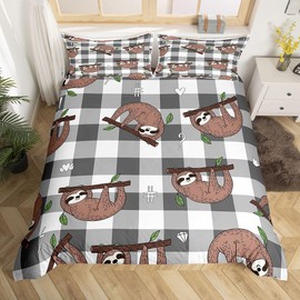 Feelyou Sloth Duvet Cover Buffalo Check Bedding Set Cute Animal Pattern Comforter Cover for Boys Girls Children Bedroom Decor Cartoon Sloths Printed Bedspread Cover Queen Size with 2 Pillow Case
