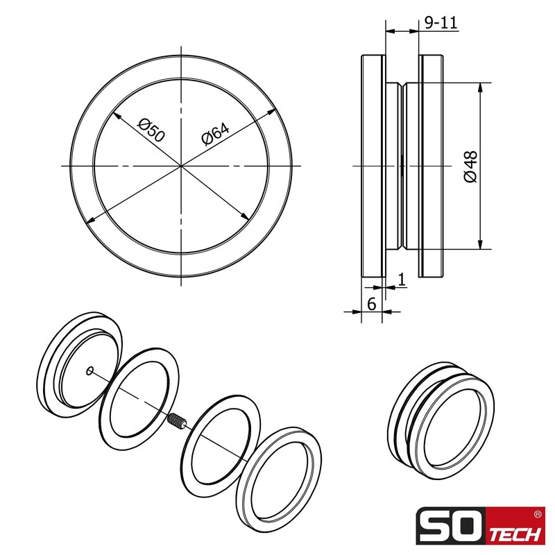 SOTECH RANA Sliding Door Handles Diameter 64 mm Brushed Stainless
