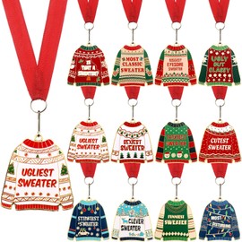 Soaoo 12 Pcs Ugly Sweater Medal Award Christmas 2.36 Inch Contest Medals Ugly Sweater Contest Prizes with Red Neck Ribbon for Holiday Decorations Party Christmas Tree Ornament
