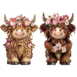 Onperpoe 2Pcs Highland Cow Ornaments, Highland Cow Garden Ornament with Pink Flower For Farmhouse Table Home Garden Party Decoration, Highland Cow Gifts for Women