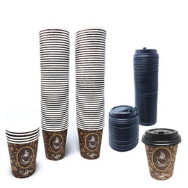 100 Pack Quality Disposable Paper Hot Coffee Cups with Lids, Perfect For Hot Drinks Tea & Coffee , Coffee Shops And Bars (8 oz, Coffee Bean Design)