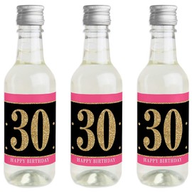 Chic 30th Birthday - Pink, Black and Gold - Mini Wine and Champagne Bottle Label Stickers - Birthday Party Favor Gift for Women and Men - Set of 16