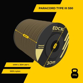 EDCX 4mm Nylon Paracord 550 30m (100 feet) - Type III, 100% Nylon Rope, 7 Strand Rope, 4mm Nylon Rope in Solid Colors (Light Khaki, 30 m)