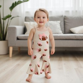 SYOKUP Toddler Baby Girl Football Outfit Bow Embroidery Spaghetti Strap Romper Bell Bottoms Jumpsuit One Piece Clothes (Khaki, 0-6 Months)