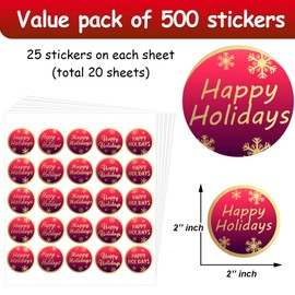 500 Pieces Happy Holidays Stickers Gold Foil Stamping Sticker 2 Inch Large Round Holiday Stickers for Christmas Holiday Cards Envelopes Boxes, 5 Styles
