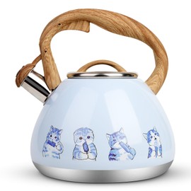 Tea Kettle, Toptier Teapot Whistling Kettle with Wood Pattern Handle Loud Whistle, Food Grade Stainless Steel Tea Pot for Stovetops Induction Water Kettle, 2.7-Quart Blue Cat