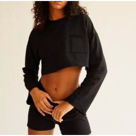 Free People Movement 2pc Set Womens XS Sunny Set Sweatshirt Shorts Black Cropped