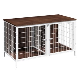 MAHANCRIS Dog Crate Furniture for 2 Dogs, 43.3" Dog Kennel with Removable Divider, Heavy Sturdy Dog Furniture Style Double Cage for Small Medium Dogs, Indoor Pet House End Table, White and Walnut