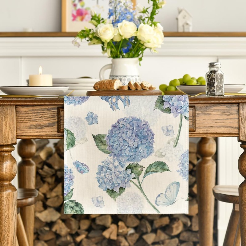 Artoid Mode Hydrangea Butterfly Summer Table Runner, Seasonal Spring Holiday