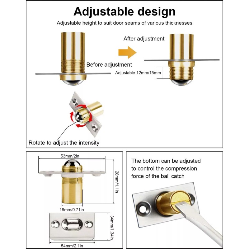 Jiayi 2 Pack Invisible Door Catch For Closet Adjustable Brass