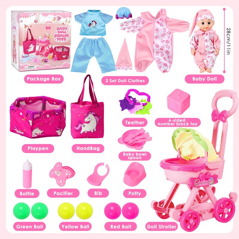 Baby Doll Stroller Toys Set,17 PCS Pretend Play for Girls