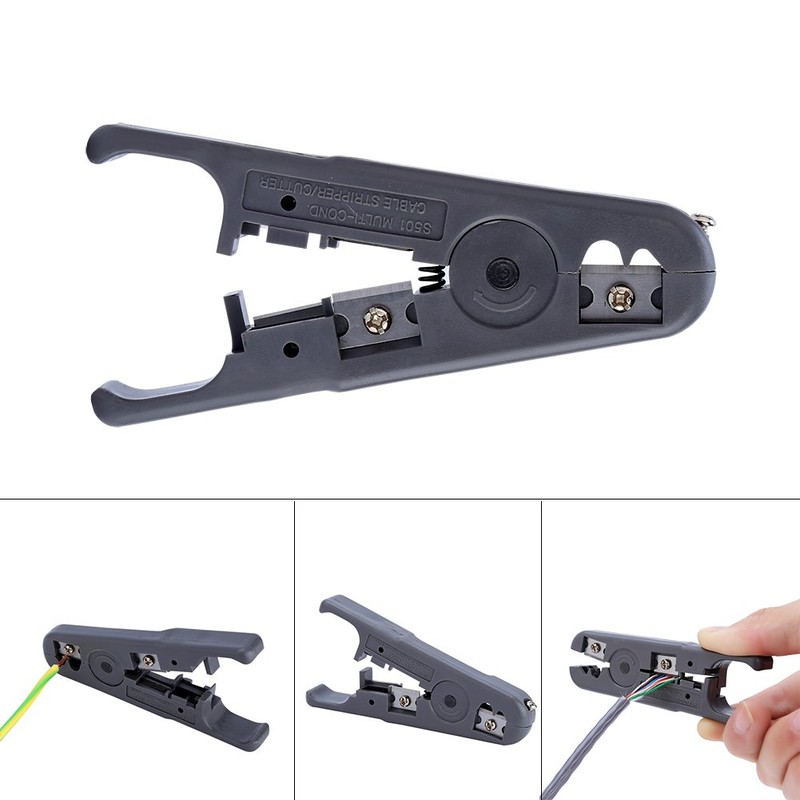 Multi-functional tool with round cable stripper, cable cutter, flat cable