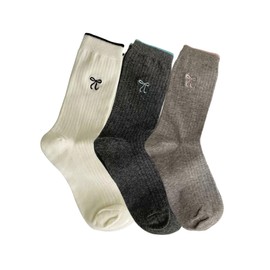 Frenflu Socks, Embroidery, 3 Pair Set, Bow Tie, Stylish, Cute, Sports, Outdoor, Patterned Socks, Fashionable, Cotton, Women's Socks, Crew Socks, Breathable, Spring and Summer