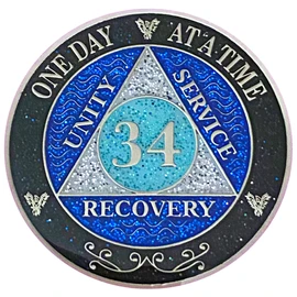 (Years 1-50) 34 Year AA Recovery Silver Color Plated Glitter Medallion, Black Rainbow, Blue, Silver Glitter Coin, Epoxy Covered (AA 34 Year Glitter Medallion)