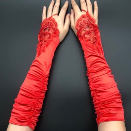 Hpfulseazn Women's 13.8"/ 21" Long 1920s Flapper Evening Opera Satin Gloves, Formal Bridal Banquet Party Wedding Mittens(Length 15" - Red)