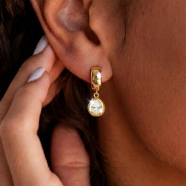 Chunky Gold Earrings for Women Dangle Drop Hoop Earring With Bezel CZ
