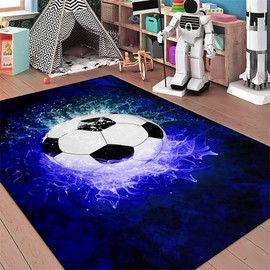 kodhyvj Cool Blue Flame Football Rug for Boys Bedroom Decor Soccer Ball Rug Playroom Rug Kids Sport Rugs for Living Room, 2'5"x4'