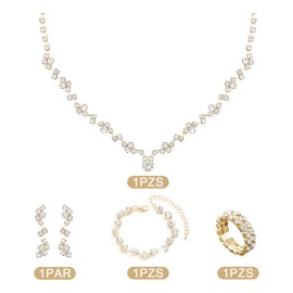 FUEZOIU Kit 4 Pz Joyería Juego De Collar Pulsera Pendientes Y Anillo Para Novia Mujer Color Oro Regalos de San Valentín