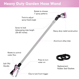 RESTMO 36”-60” Metal Watering Wand, Long Telescopic Tube | 180° Adjustable Ratcheting Head | 7 Spray Patterns | Flow Control, Garden Hose Sprayer to Water Hanging Baskets, Shrubs, Pink