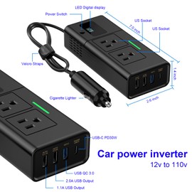 Auttoop 200W Car Power Inverter,2024 Latest Version Car Inverter 12v to 110v，Quick Charge PD 30W Type-C,QC3.0 USB-A,1.1A&2A USB-A, Overvoltage Protection, Key Switch, Voltage Display（Matte Black）