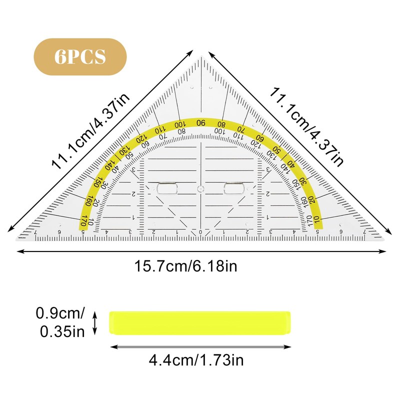 Amabro 6PCS Triangle Ruler with Handle, Transparent Plastic Protractor Geometry