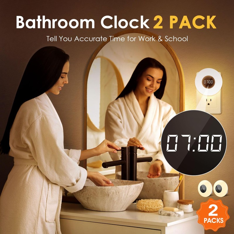 One Fire 【2 Pack】 Bathroom Clock,10 Levels Dimmable+3 Light Colors+Remote